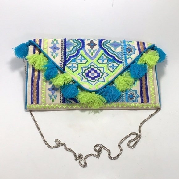 Boho Green Blue Arabesque Tassel Trim Crossbody - Picture 10 of 10